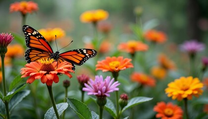 Obraz premium Monarch Butterfly Sipping Nectar from a Vibrant Orange Zinnia Flower