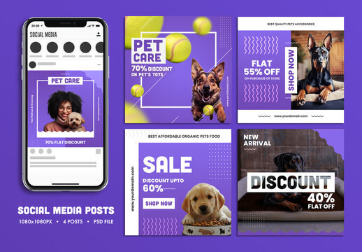 Social Media Sale Posts with Smartphone Mockup for Pet Care Shop Adoption.
