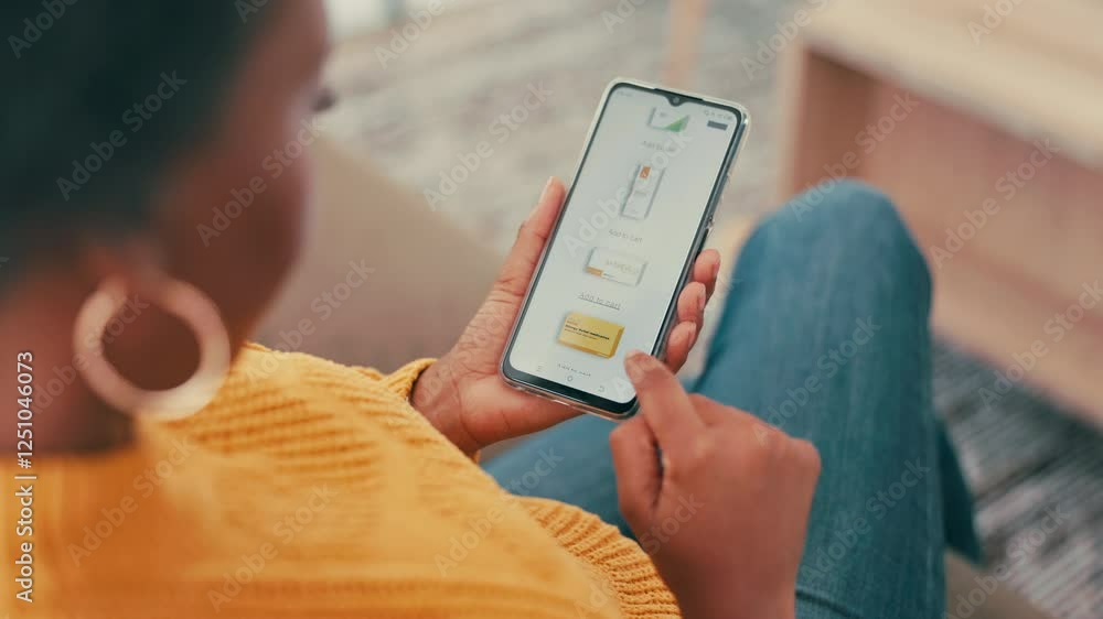 Poster Woman, hands or website with phone screen for online template or browsing web designs above on sofa at home. Top view, female person or mobile smartphone display with UI, UX or selection for new app