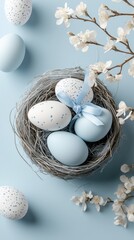 Easter nest with pastel blue eggs and white polka dots on a light blue background.