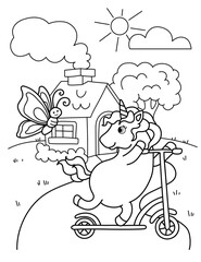 Unicorn rides a scooter. Butterfly, summer. Black and white coloring.