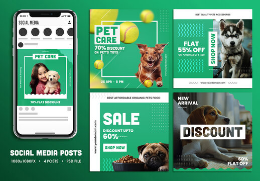 Social Media Sale Posts with Smartphone Mockup for Pet Care Shop Adoption.