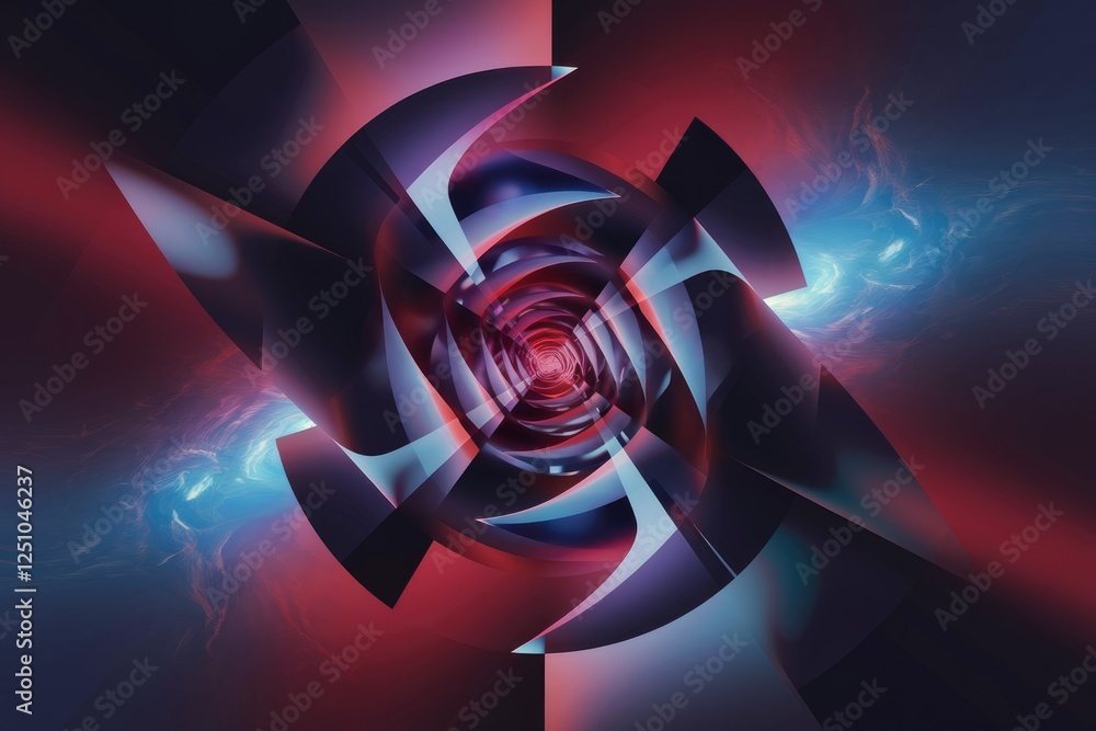 Aufkleber Abstract fractal art featuring a swirling, multifaceted vortex in shades of red and blue, creating a sense of depth and movement.