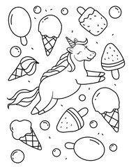 Cute unicorn and ice cream. Black and white coloring.
