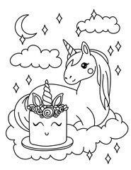Unicorn cake. Unicorn with cake. Happy birthday. Black and white coloring.