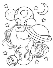 Cute unicorn in space with planets and moon. Black and white coloring.