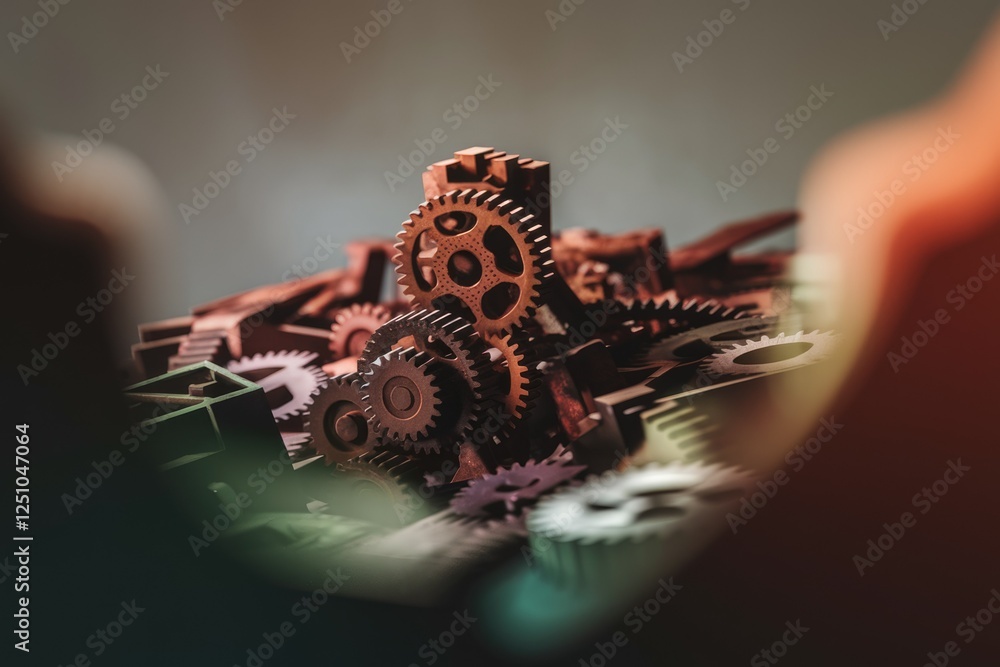 Poster a close-up of intricate metal gears, showcasing their complex interlocking mechanisms.