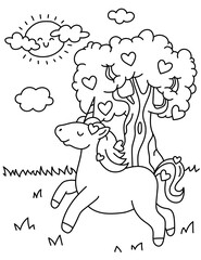 Cute unicorn in the garden. Tree, hearts, valentine's day, unicorn in love. Black and white coloring.
