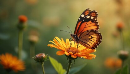 Obraz premium Radiant Butterfly Sipping Nectar from a Vivid Orange Blossom in Summer