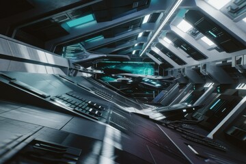 Futuristic spaceship corridor with sleek, metallic surfaces and advanced technology, showcasing a vibrant teal screen.