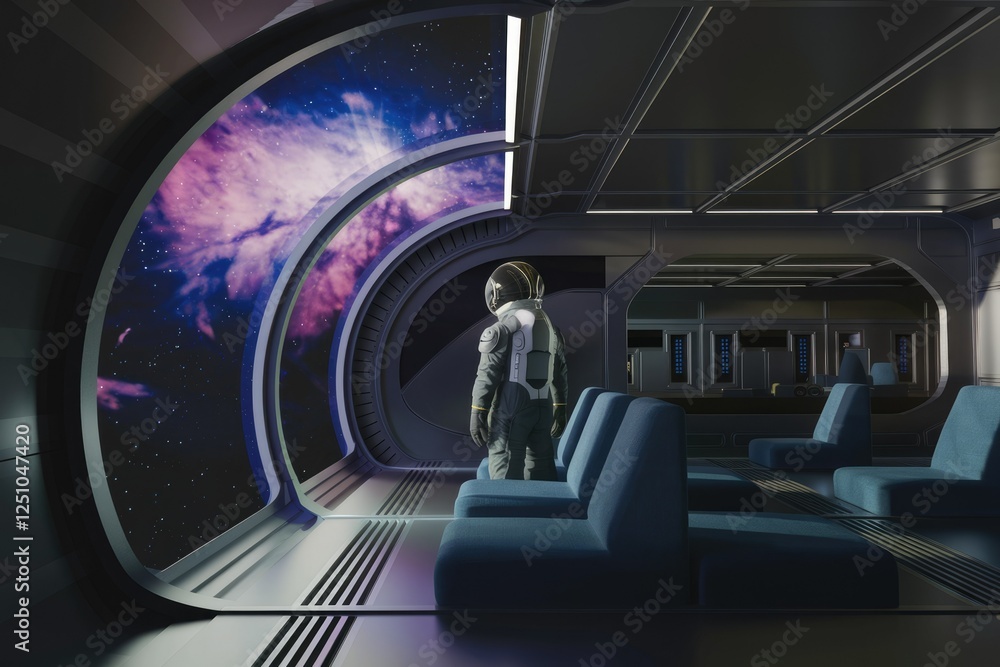 Poster astronaut gazing at a nebula through a spaceship's large panoramic window.