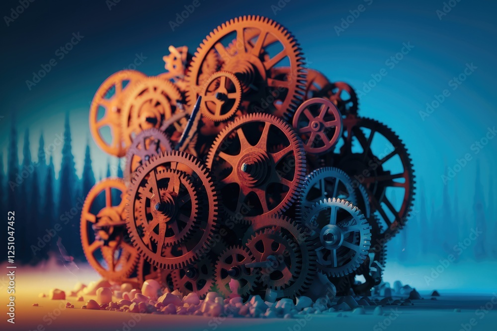 Poster A complex arrangement of interconnected gears, suggesting intricate machinery and processes.