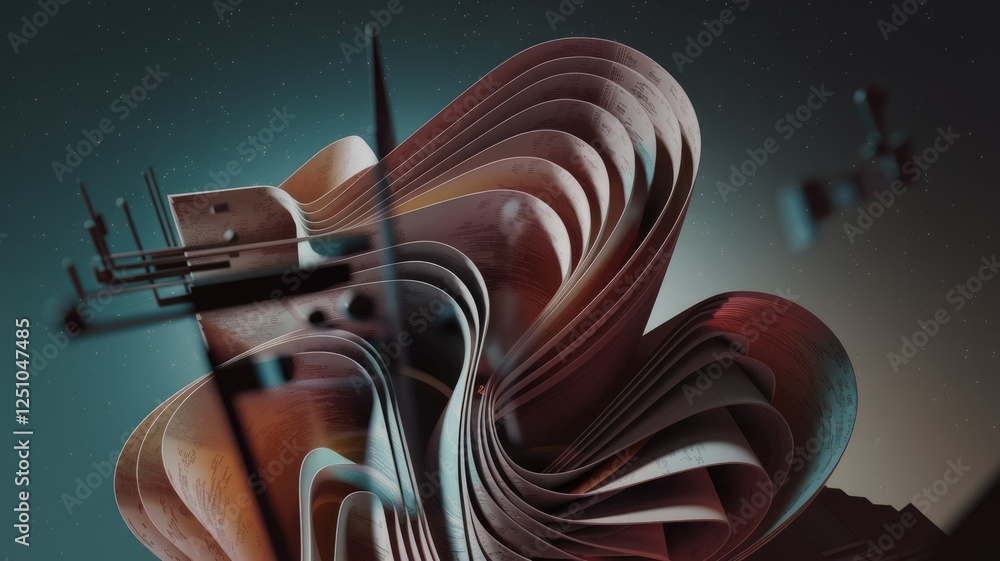 Poster Abstract 3D render of swirling, layered paper structures against a starry backdrop.  Futuristic and artistic.
