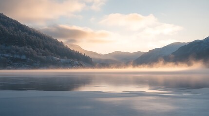 Fototapeta premium Serene Winter Sunrise Over Misty Mountain Lake