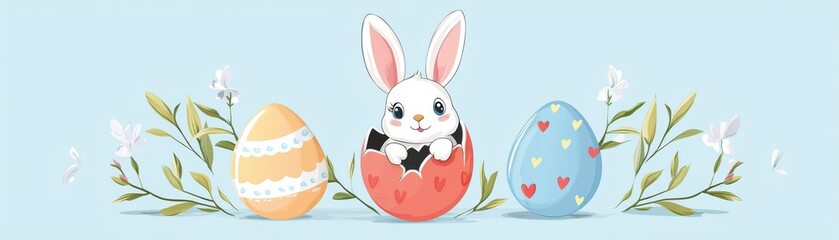 Obraz premium A charming illustration of a cute bunny surrounded by colorful Easter eggs, perfect for celebrating the festive spirit of Easter and springtime.