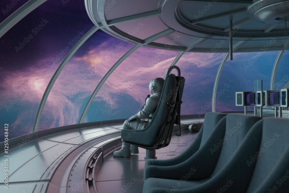 Poster an astronaut sits in a spacecraft, gazing at a nebula through a large panoramic window.