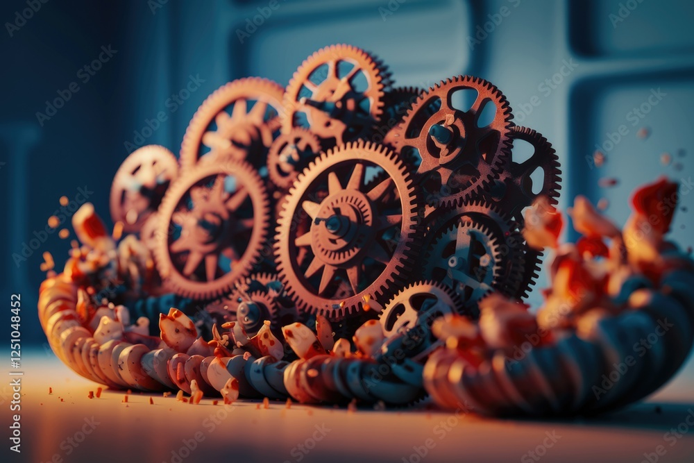 Poster a complex system of interconnected gears collapses, scattering pieces, depicting intricate machinery