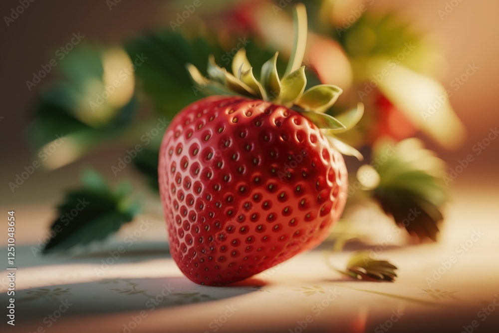 Poster a single, ripe strawberry sits on a table, illuminated by warm light, showcasing its texture and vib