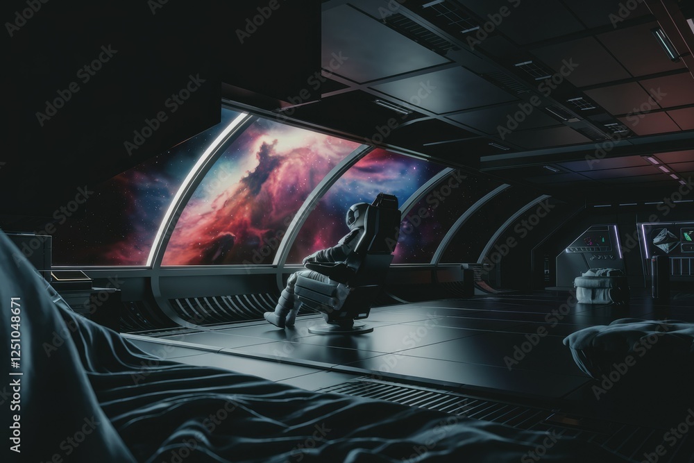 Poster an astronaut sits in a spaceship, gazing at a vibrant nebula through a large panoramic window.