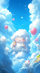 Whimsical Cloud Character Holding Ice Cream Cones with Balloons in a Bright Blue Sky