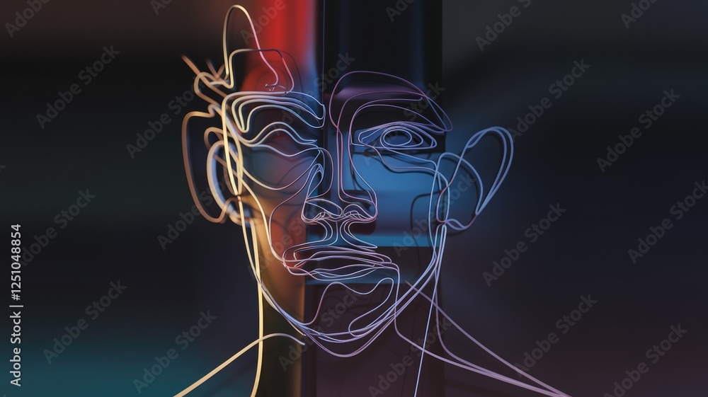 Aufkleber Abstract 3D rendering of a face, composed of colorful, interwoven lines creating a modern art piece.
