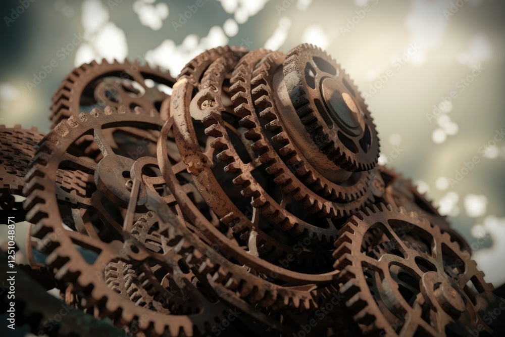 Poster intricate rusty gears interlock, showcasing mechanical complexity and vintage industrial design.