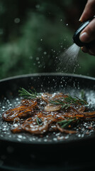 Sautéed Onions with Rosemary and Salt Being Sprinkled for Flavor in a Darkly Lit Kitchen Environment