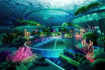 Fototapeta premium Futuristic underwater city with vibrant coral reefs and glowing structures, surrounded by fish.