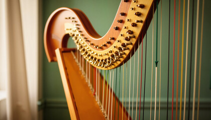 Elegant Irish harp adorned with shiny strings in a staged room, celebration