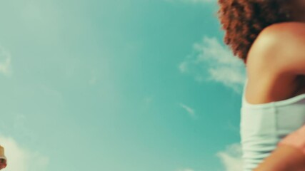 Smile, couple and fun with piggyback on beach of travel reunion, social gathering and morning journey. Happy, people and walking with discussion of summer vacation, ocean getaway and bonding together