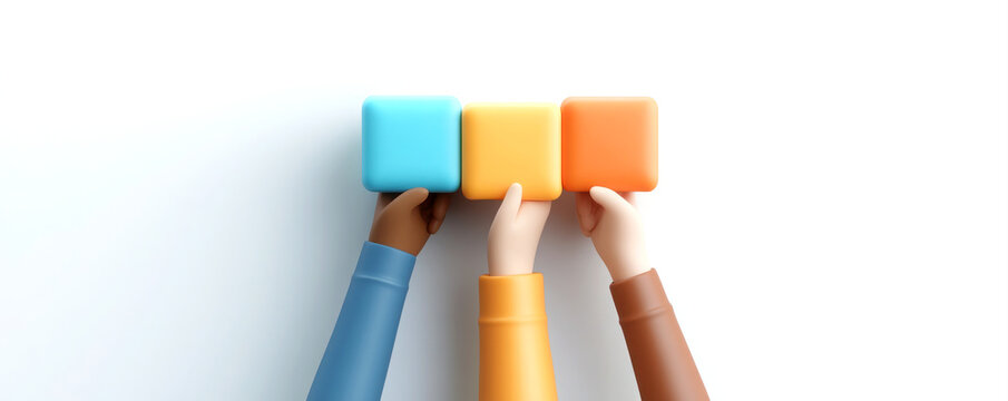 teamwork and unity collaboration 3D concept. Three hands reaching for colorful blocks on a white background.