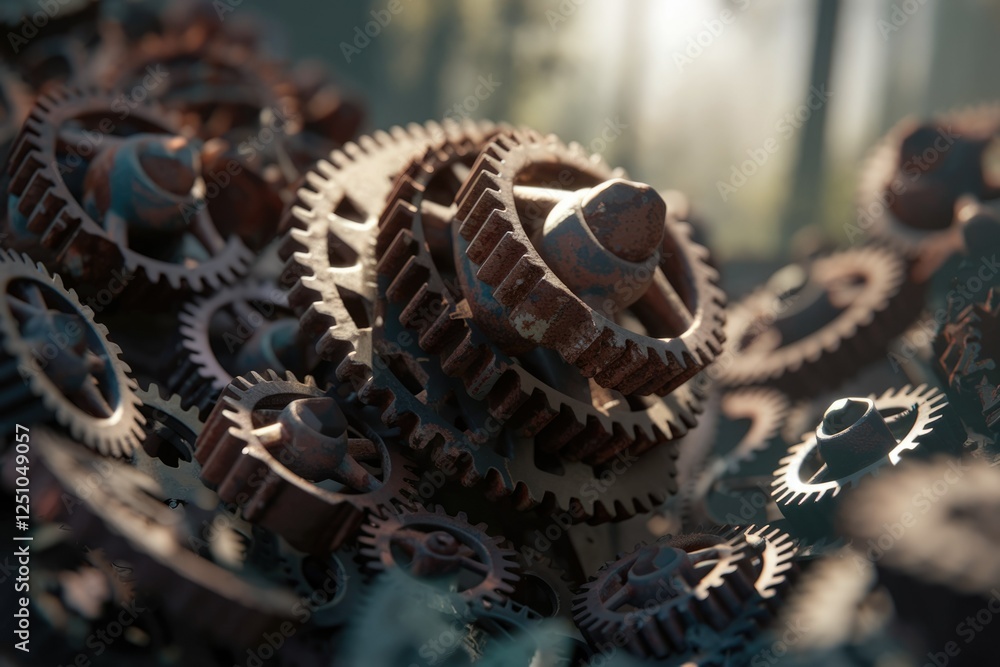 Poster A pile of rusty, interlocking gears, suggesting complexity and intricate machinery.