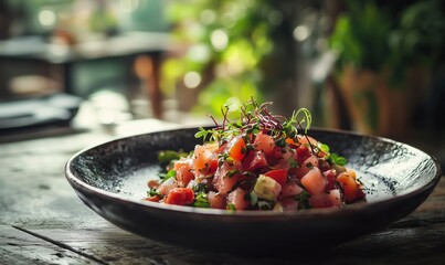 Ceviche with fresh fish served on plate in rustic setting