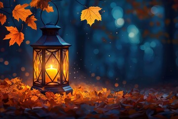 A glowing lantern surrounded by vibrant autumn leaves creates a cozy and tranquil atmosphere, perfect for fall evenings and nature's beauty.
