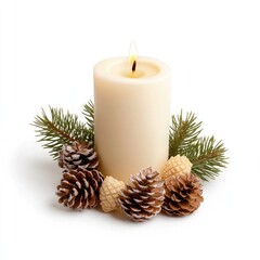 Elegant White Candle Surrounded by Pinecones and Greenery