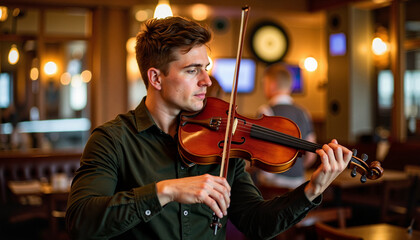 Irish fiddler passionately playing music in a lively pub, celebration