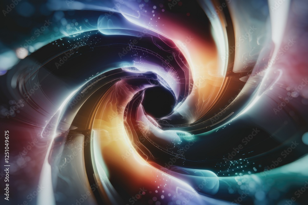 Poster abstract swirling vortex of vibrant colors and light, creating a mesmerizing cosmic tunnel effect.