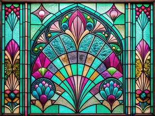 Abstract Art Nouveau Stained Glass Window - Teal, Pink, & Sage Green Vintage Pattern Background
