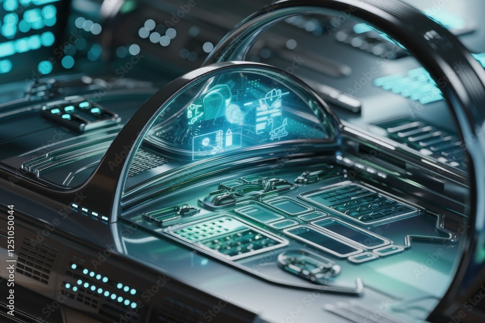 Poster Futuristic metallic control panel with a transparent holographic display showcasing technological data and interfaces.