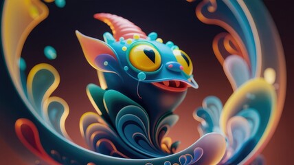 Fototapeta premium Playful, 3D-rendered creature with vibrant colors and swirling abstract background.