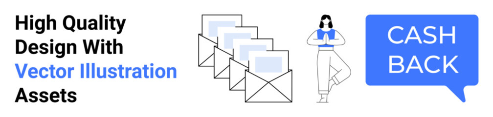 Woman holding wallet, series of envelopes, bright cashback speech bubble. Ideal for financial services, rewards programs, e-commerce, newsletters, communication, digital marketing flat landing page