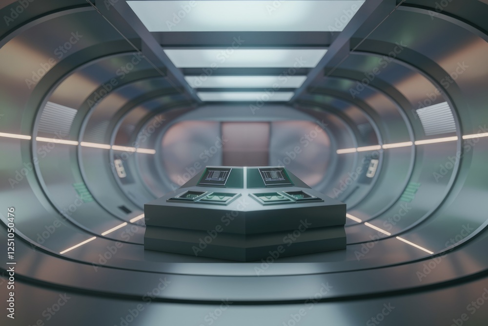 Poster futuristic spaceship corridor with a control panel at its center, sleek metallic design.