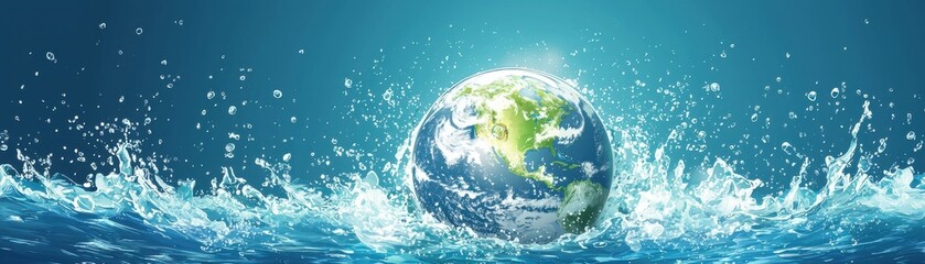 A stunning view of Earth surrounded by splashing water, highlighting the beauty of our planet and the importance of environmental preservation.
