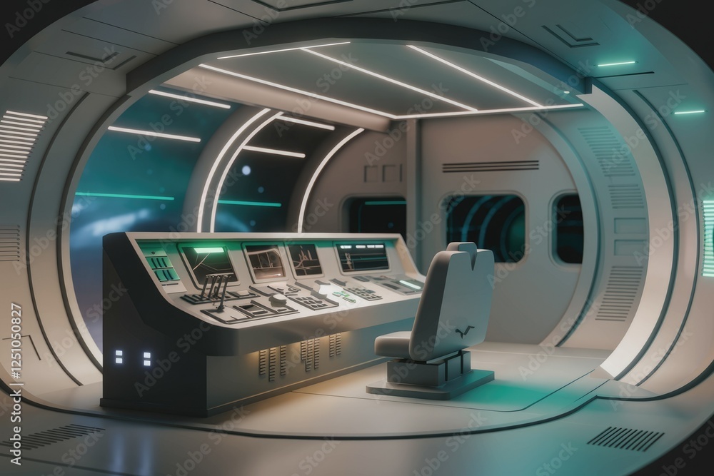 Poster Futuristic spaceship control room with a single operator seat and advanced technology displays.
