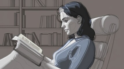 Obraz premium A woman engrossed in reading a book, relaxing in a comfortable chair in a library setting.