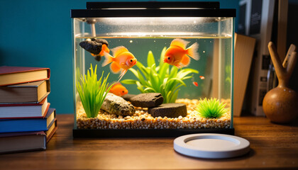 Colorful fish swimming in home aquarium on wooden table, pet appreciation