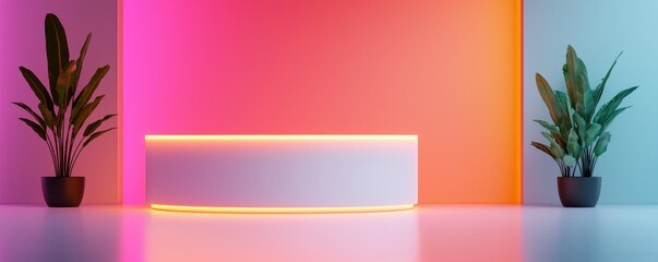 A modern, minimalistic space features a white table illuminated by colorful ambient lighting, flanked by lush green plants against vibrant walls.