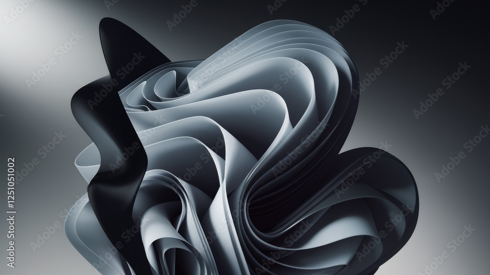 Poster Abstract 3D render of flowing, layered forms in shades of gray and black, creating a visually dynamic composition.