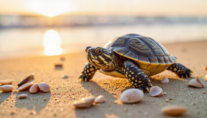 Obraz premium Resilient turtle walking on wet sand at sunrise, embracing nature's beauty