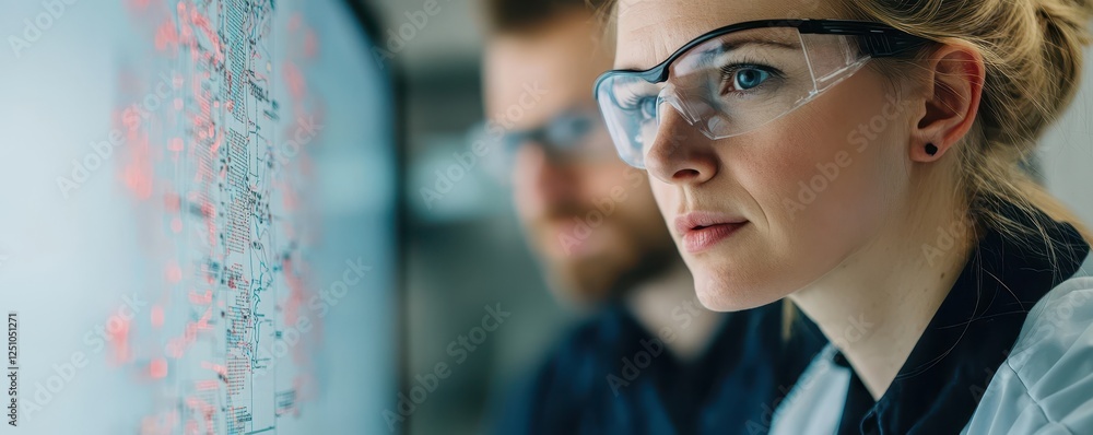 Poster a focused scientist analyzes data on a screen, showcasing dedication to research in a modern lab env